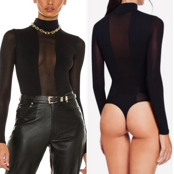 Wolford Tops - Wolford Dione Sheer Panel String Body Suit in Black size Medium